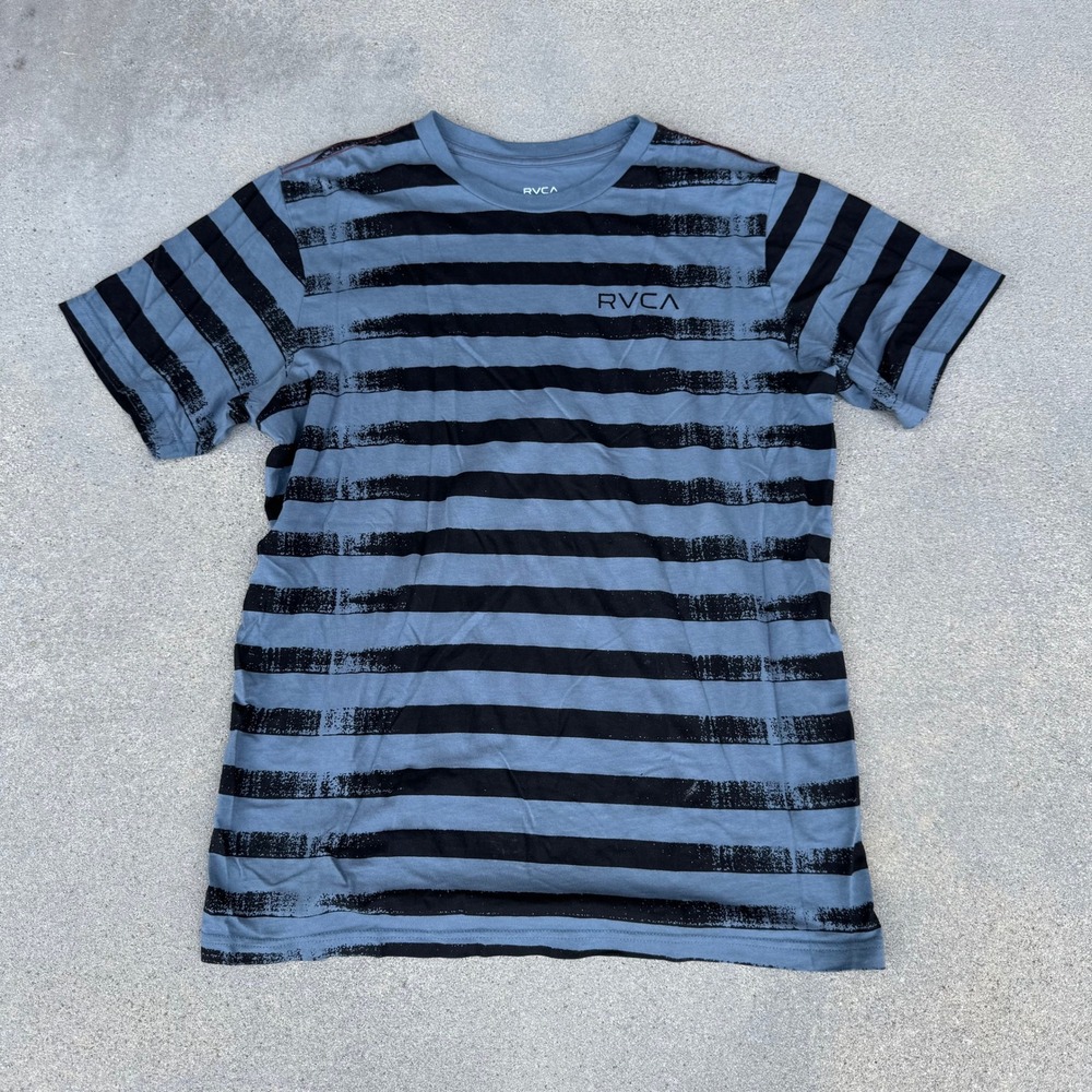 RVCA Mens Large Blue Black Striped Short Sleeve T-Shirt Standard Wash Cotton